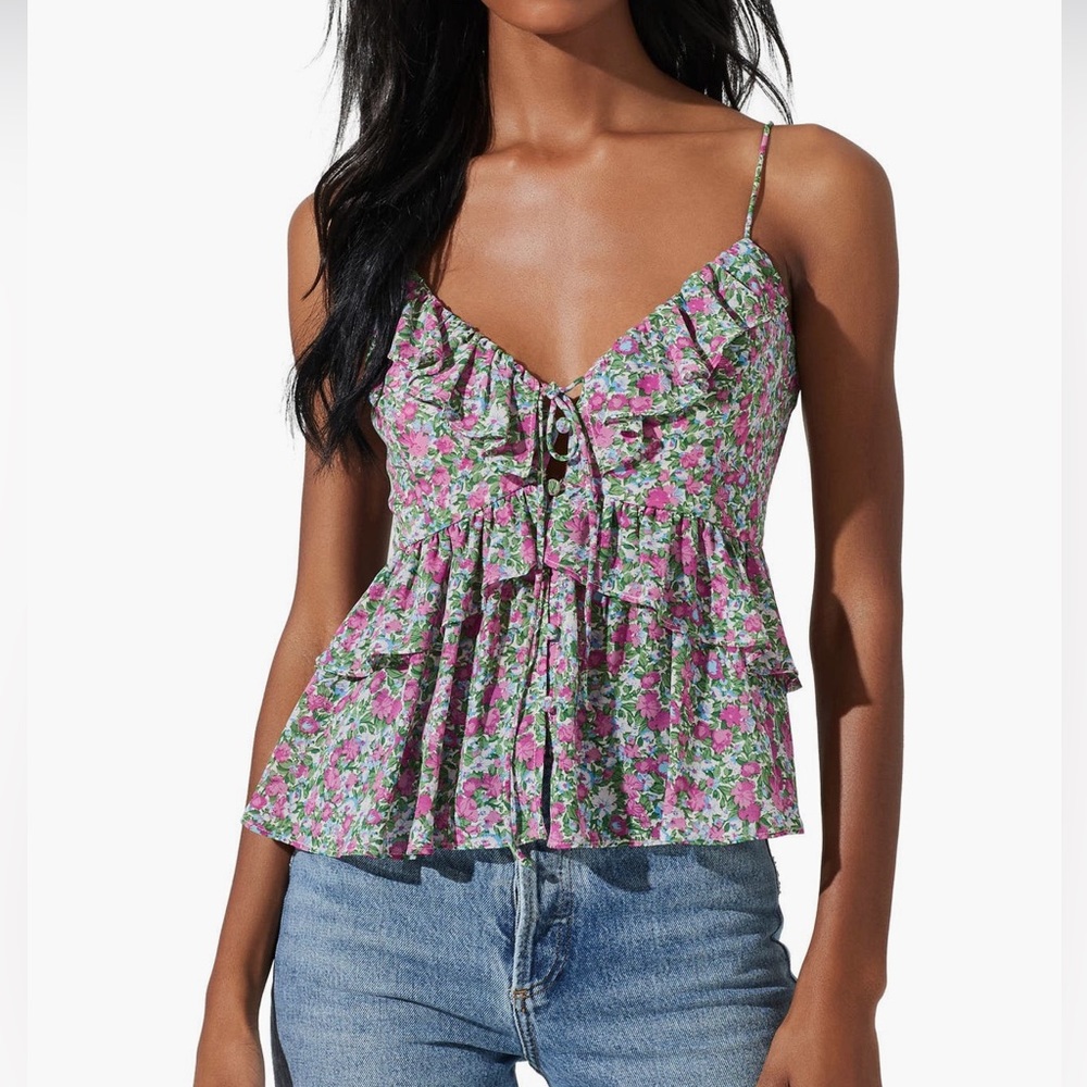 RUFFLE TIE FLORAL CAMISOLE IN TURQ-PINK FLORAL,Size S
